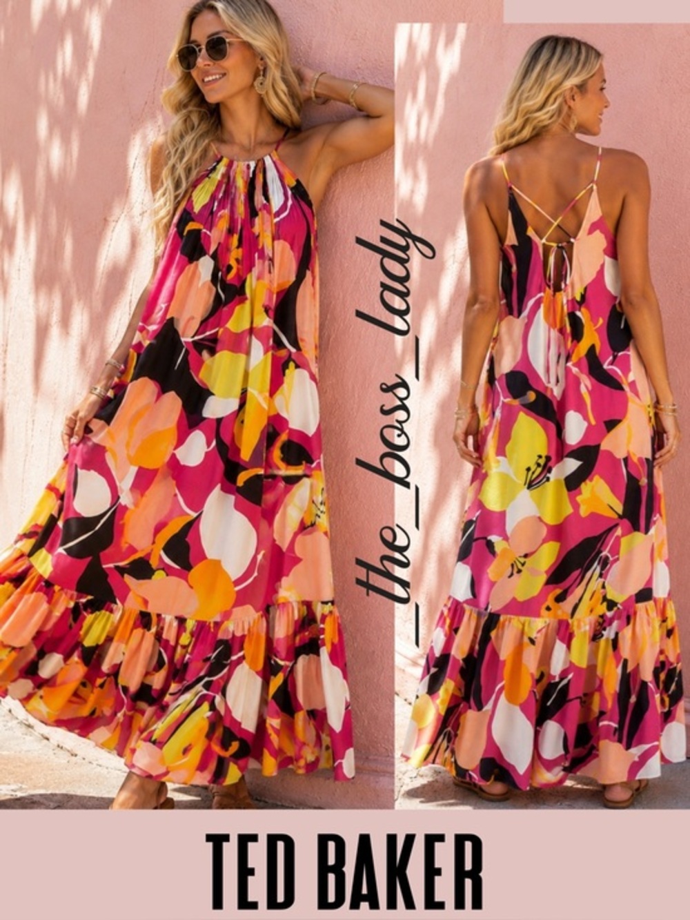 Ted Baker maxi dress linen halter a-line floral tropical tiered 4
